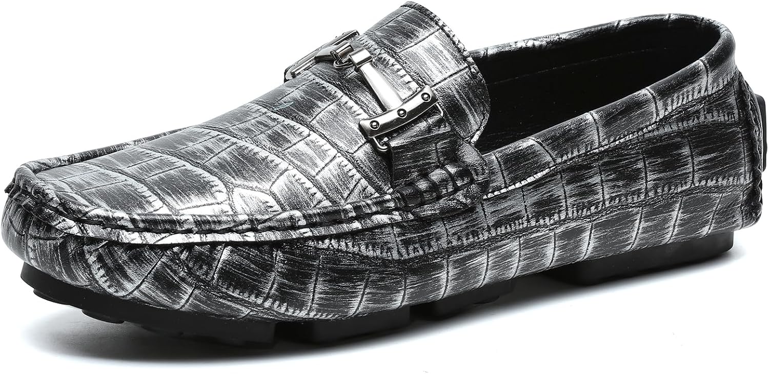

Мужские лоферы Dacnakby, повседневные лоферы-пенни, металлическая кожа с тиснением под крокодила, мокасины без шнурков с металлической пряжкой, мягкие и прогулочные туфли, черный
