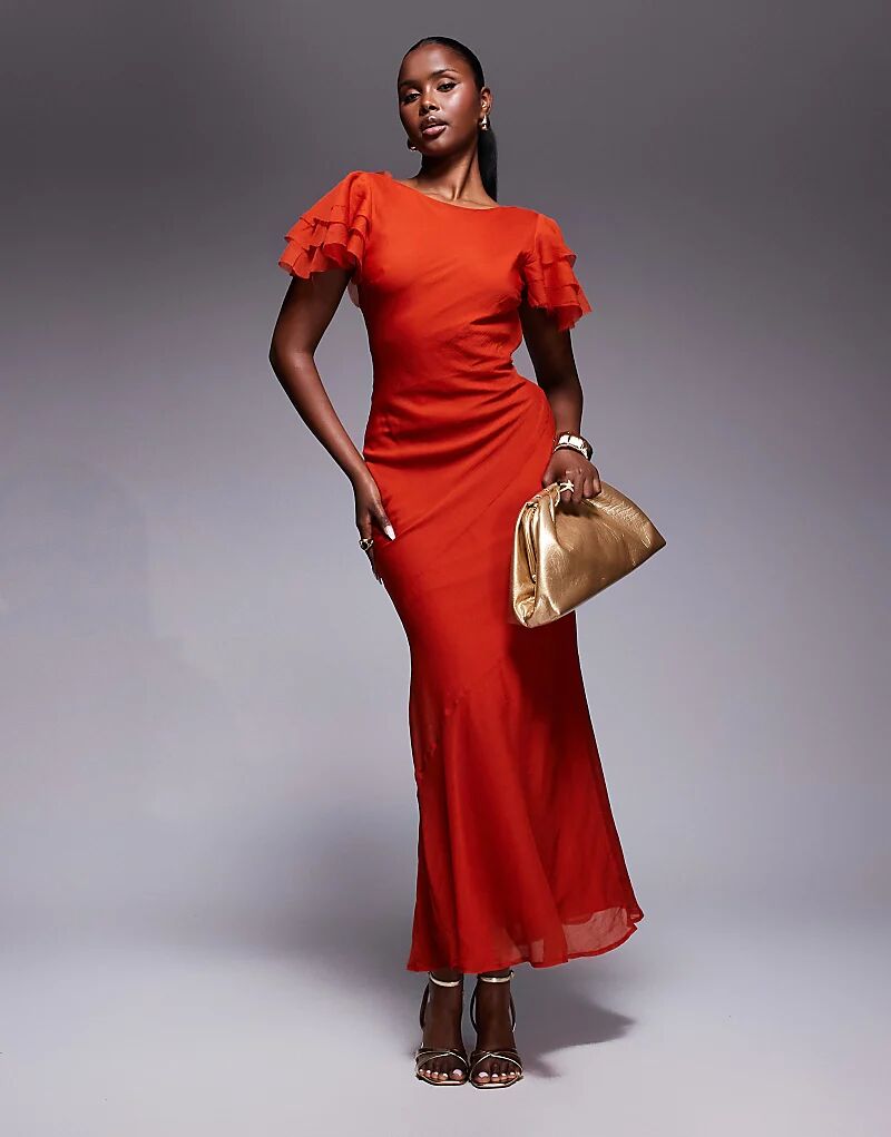 

Платье макси с высоким воротом и оборками на рукавах ASOS DESIGN красного цвета