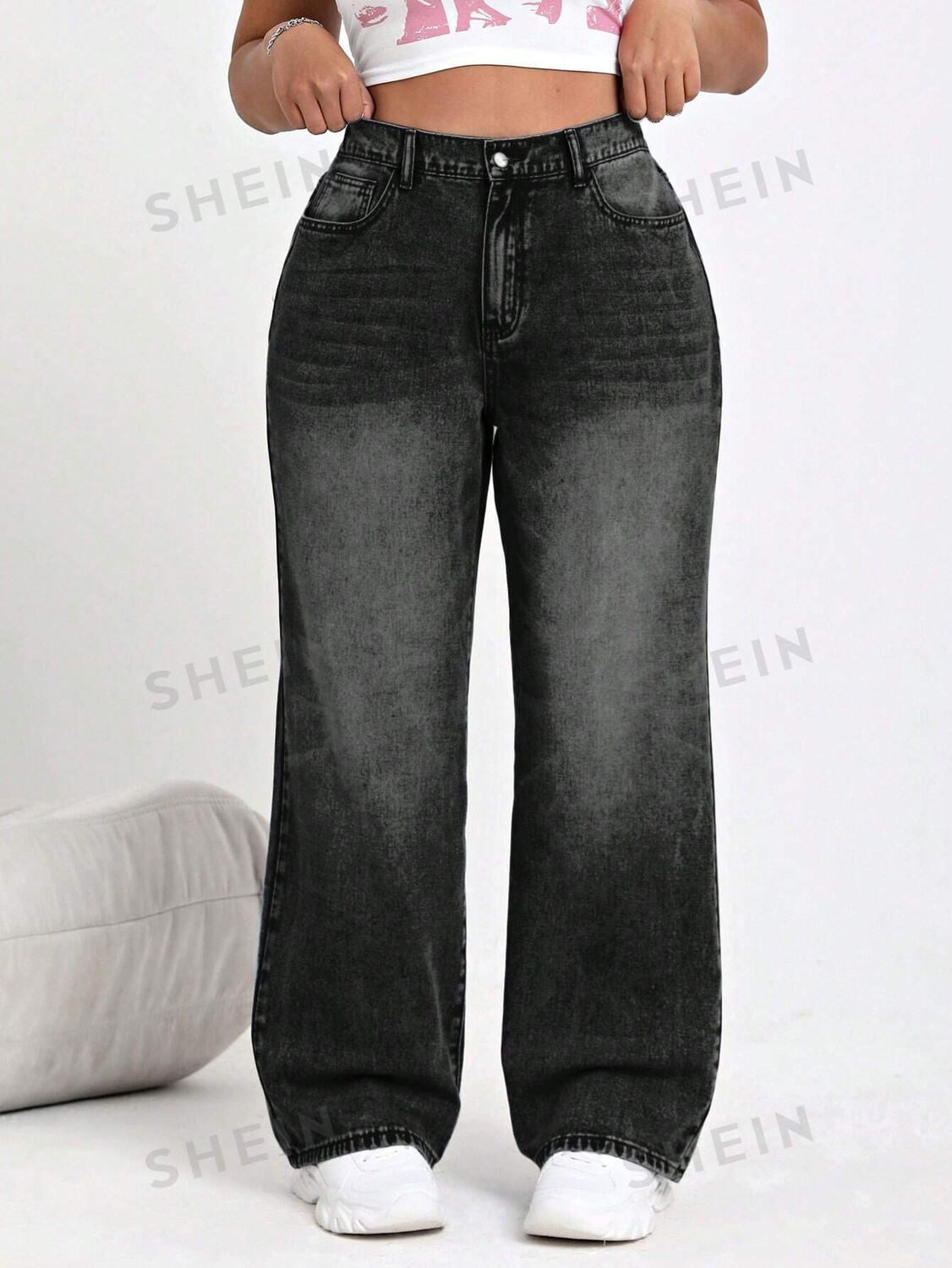 

EZwear Джинсы больших размеров, прямой крой, Повседневная одежда Shein, черный