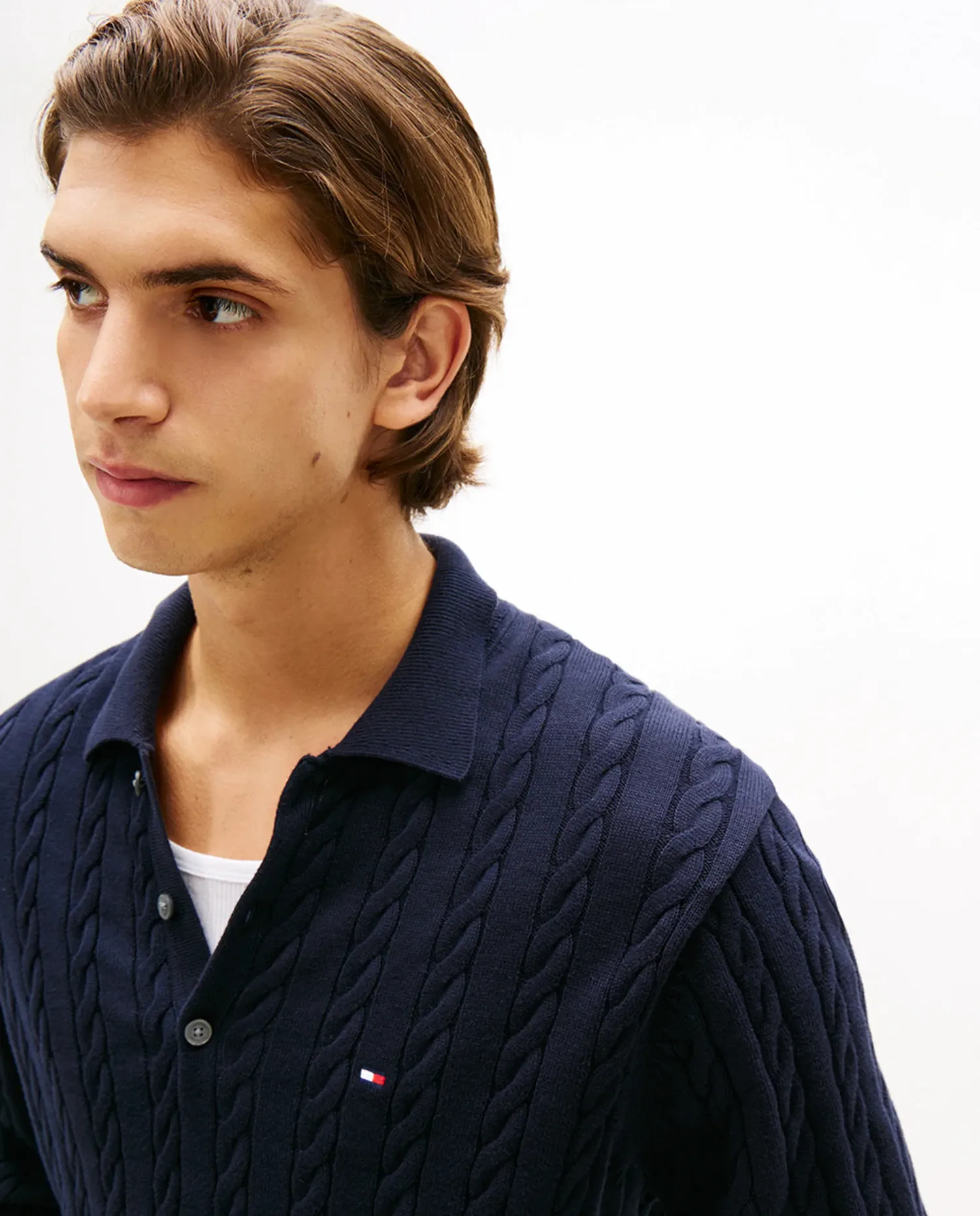 Мужской свитер с аранами в стиле поло Tommy Hilfiger, темно-синий — фото 3