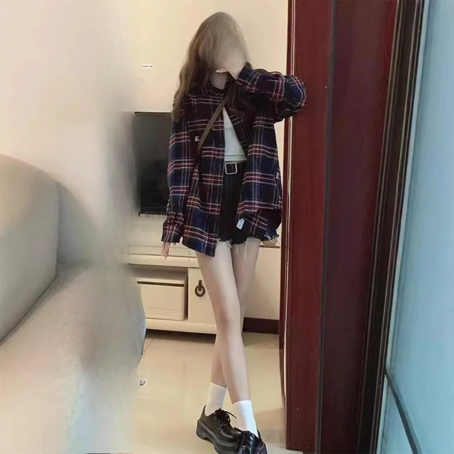 Блуза с пледовым принтом, длинная, Plaid Long Shirt, бордовый — фото 3