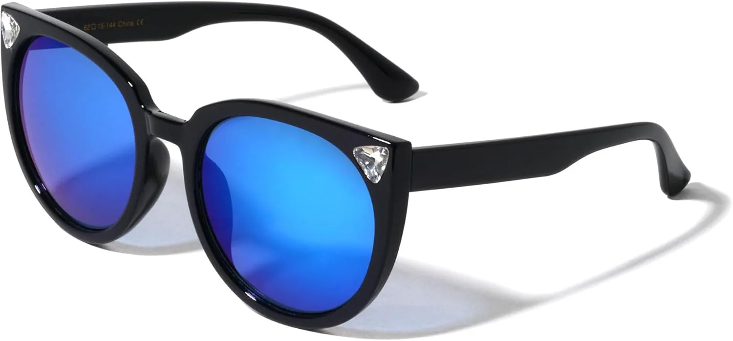 

Цветные зеркальные круглые линзы, треугольные линзы с бриллиантовыми стразами, солнцезащитные очки «кошачий глаз» P30286-RH-CM Sunglasses Luxe, Blue Black