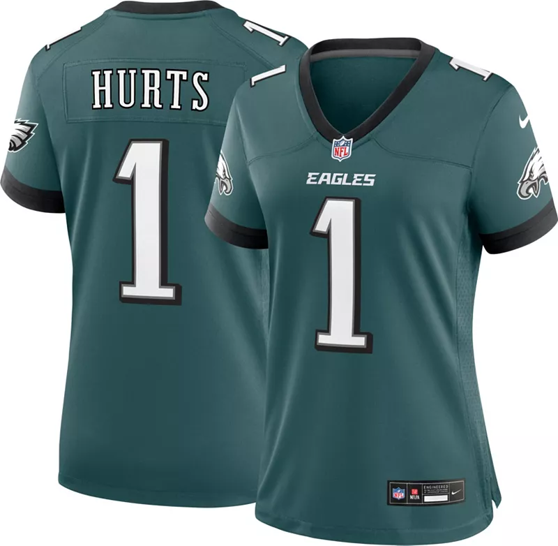 

Женская футболка Nike Philadelphia Eagles Jalen Hurts #1, темно-бирюзовая игра