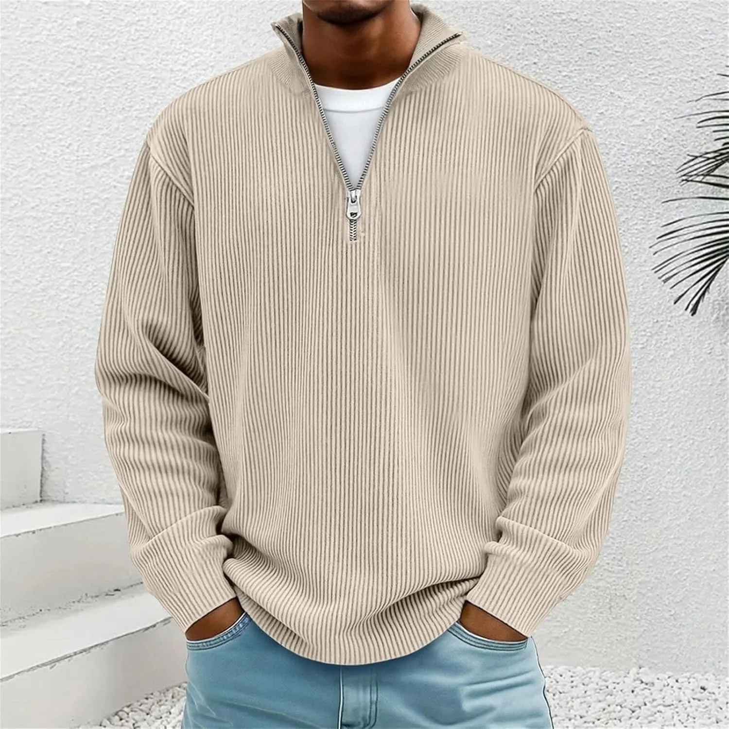 Мужской пуловер с воротником стойкой и молнией на четверть, Casual Textured — фото 3