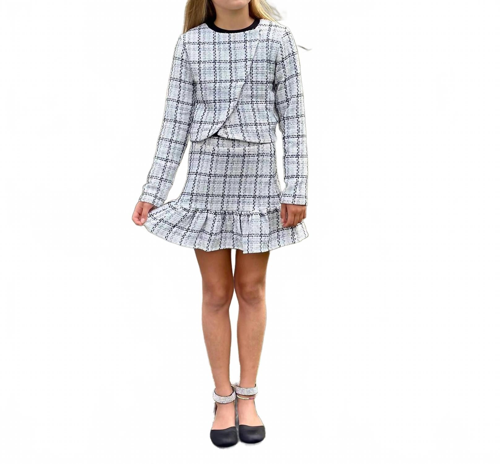 

Мини-юбка из твида с оборками белого/серебристого цвета Little Olin, белый/серебристый