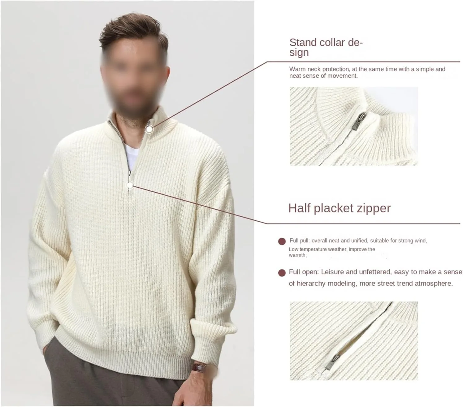 Мужской свитер с молнией на четверть, slim fit, длинный рукав, вязаный — фото 3