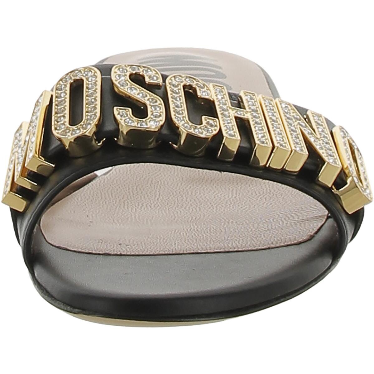 

Женские кожаные шлепанцы с логотипом Moschino, цвет Black/Gold