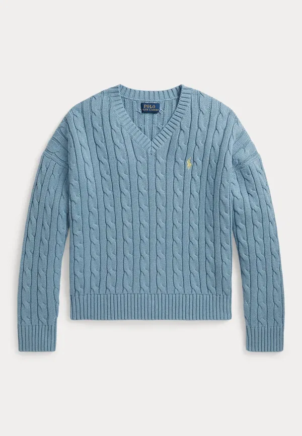 Свитер из хлопка с V-образным вырезом и косами 7-14 лет Polo Ralph Lauren, голубой