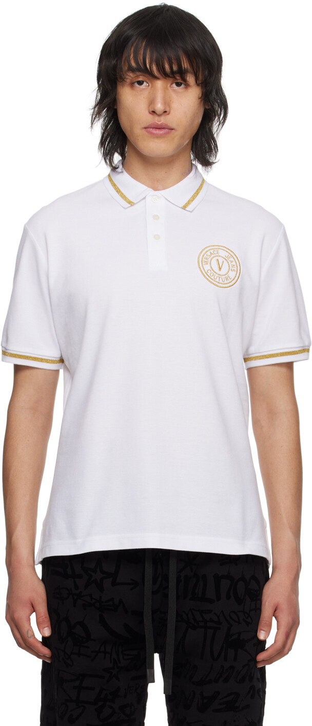 

Белая футболка-поло с V-образной эмблемой Versace Jeans Couture, цвет White/Gold