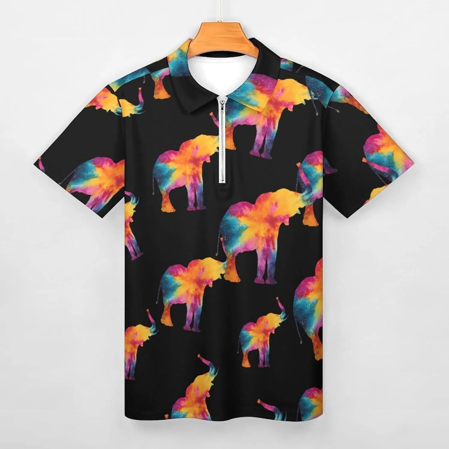 Мужское поло с коротким рукавом, полузастежка на молнии, Generic, Tie-Dyed Elephant, Style — фото 3