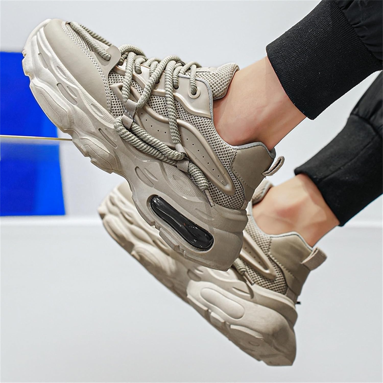 Мужские кроссовки TengfeiFly Platform Dad Sneaker из сетчатой и кожаной поверхности, на шнуровке, повседневные, с массивным каблуком, круглым носком, с воздушной подушкой, легкие, мягкие и дышащие, для прогулок, бега и улицы, серый — фото 4