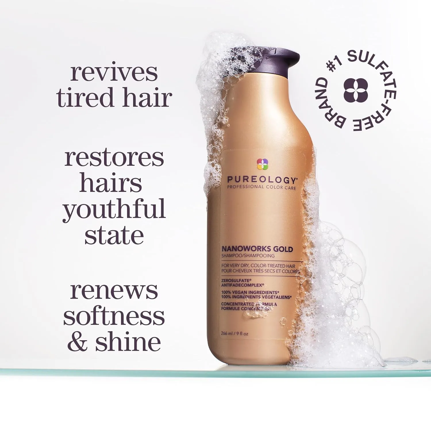 Шампунь Pureology Nanoworks Gold - для очень сухих и окрашенных волос, восстанавливает мягкость и блеск, без сульфатов и подходит для веганов. 1000 мл (1 шт.), Gold — фото 2