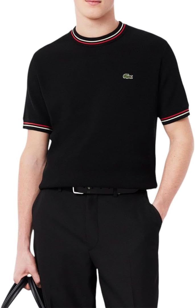 

Lacoste мужской короткий рукав классический фасон свитер с круглым вырезом, Black, Grenadine Red, & Off White