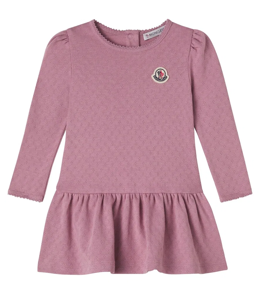 Детское хлопковое платье с ажурным узором и логотипом Moncler Enfant, розовый