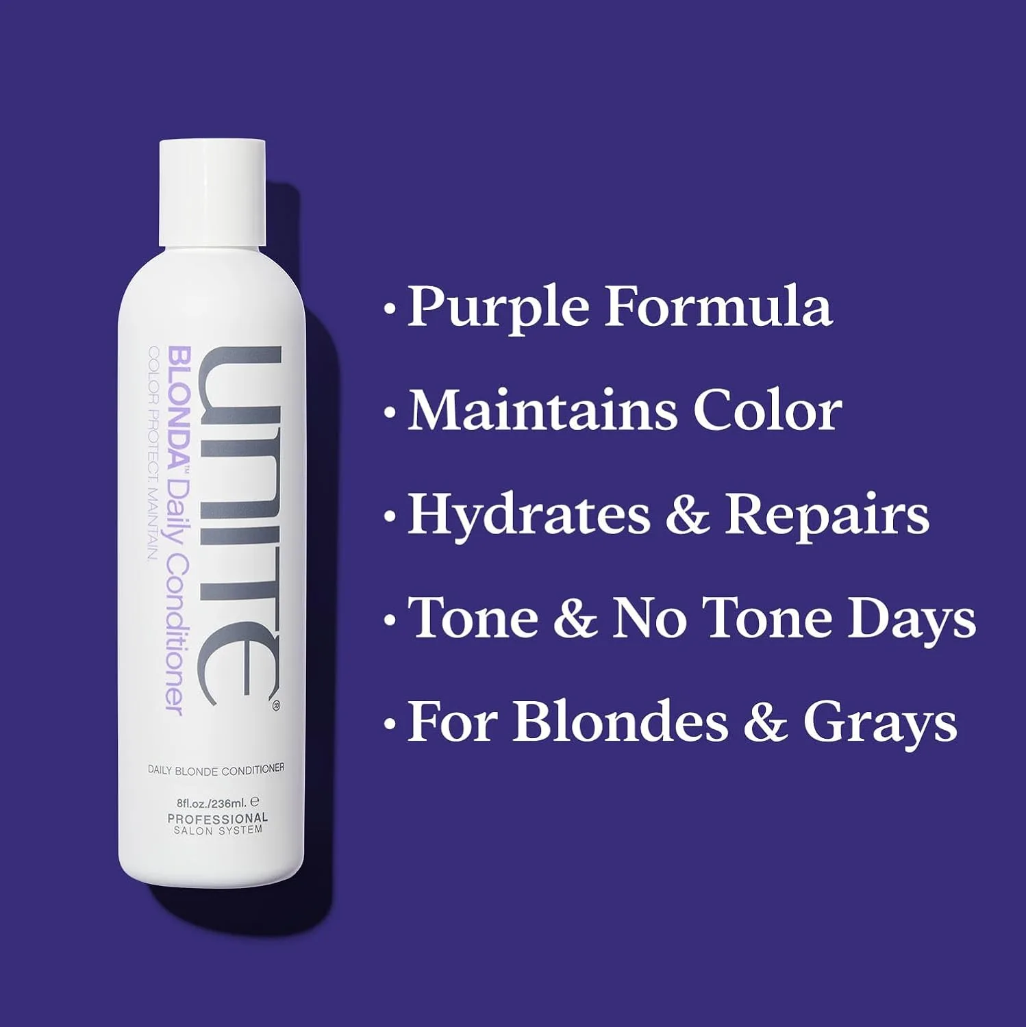 UNITE Hair - тонирующий шампунь BLONDA, ежедневный кондиционер и масло BLONDA - нейтрализует желтизну, восстанавливает и придает блеск - для блонда - 236 мл, 236 мл и 125 мл, Purple — фото 3