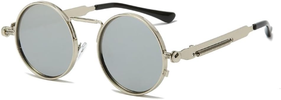 

Панк-солнцезащитные очки для женщин, зеркальные круглые металлические солнцезащитные очки, винтажные мужские очки для вождения, защита от ультрафиолета UV400 MTZJH, Silver Silver Mirror