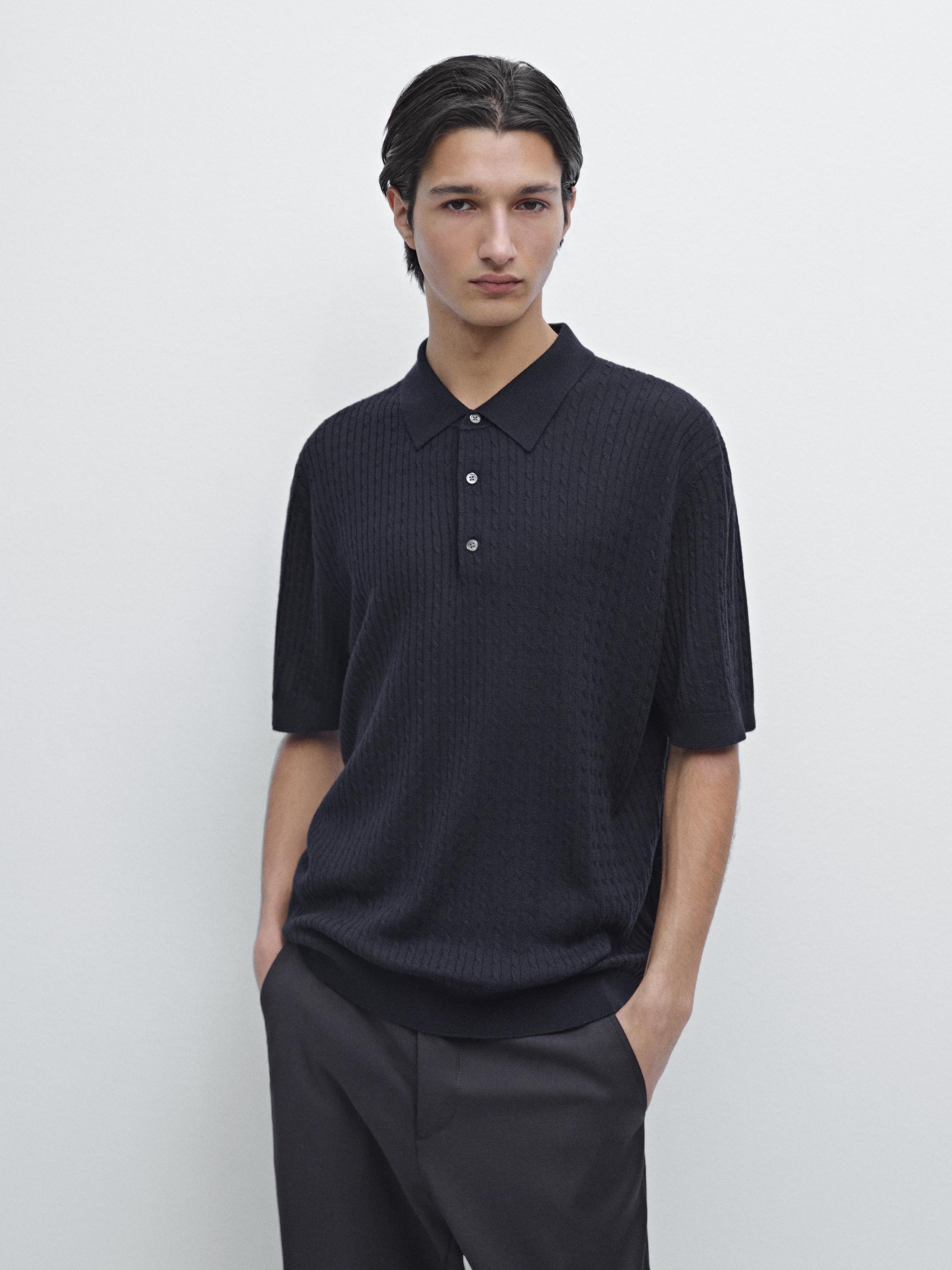 Вязаный свитер-поло из мериносовой шерсти Massimo Dutti, navy blue — фото 3
