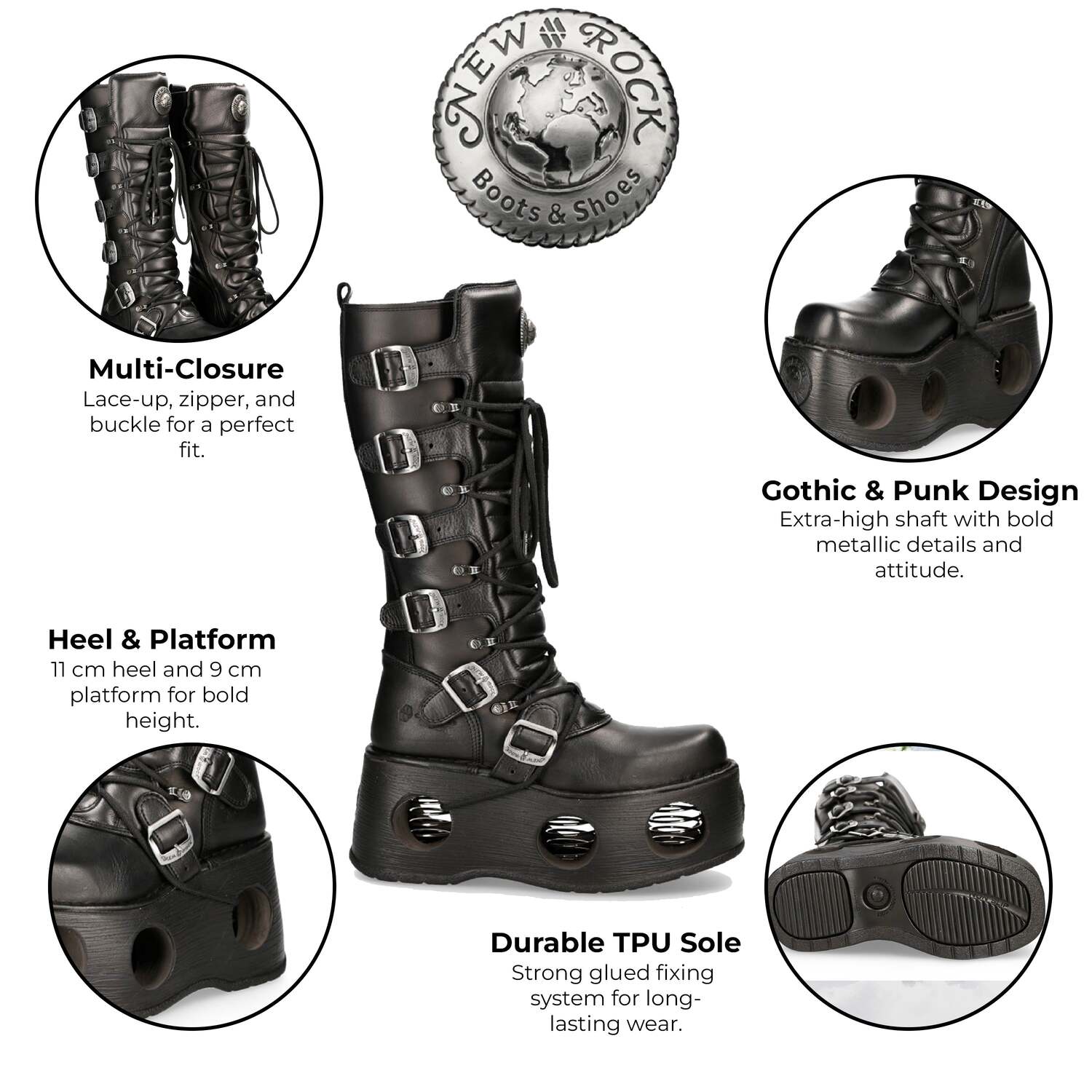 Новые готические ботинки New Rock M-272-S2 Neptuno Metallic до колена из черной кожи — фото 2