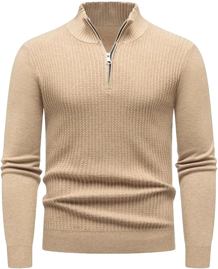 

Мужской полузастегивающийся пуловер с высоким воротником — однотонный вязаный свитер для тепла