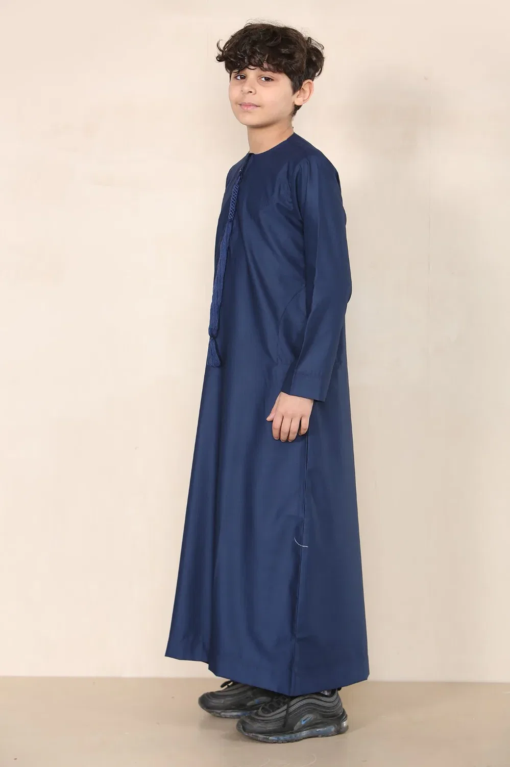 Arabic Thobes Детская темно-синяя блузка для мальчиков, эмиратская джубба, исламская одежда, кафтан, праздничный шнурок с кисточками