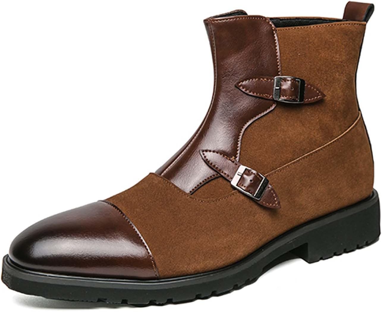 

Мужские модные ботинки оксфорды, с двойной кожаной отделкой, декоративной пряжкой, заостренным носком, повседневные кожаные ботинки с молнией, модные и удобные Generic, коричневый