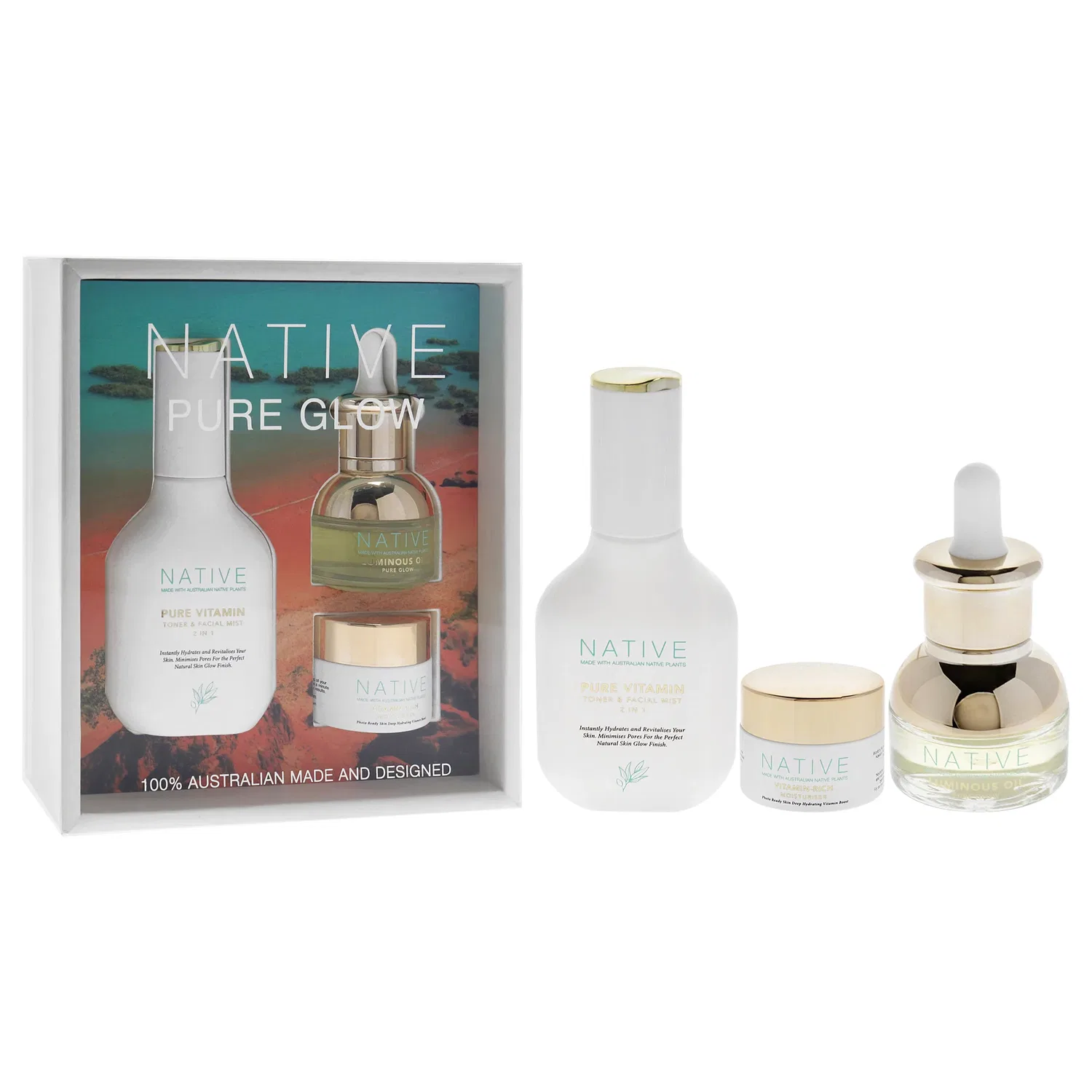 Набор Native Pure Glow от Klara для женщин - 3 предмета: тоник и спрей для лица Pure Vitamin, 0,5 унции увлажняющего крема с витаминами, 0,5 унции масла Luminous Oil Pure Glow, мультиколор — фото 3