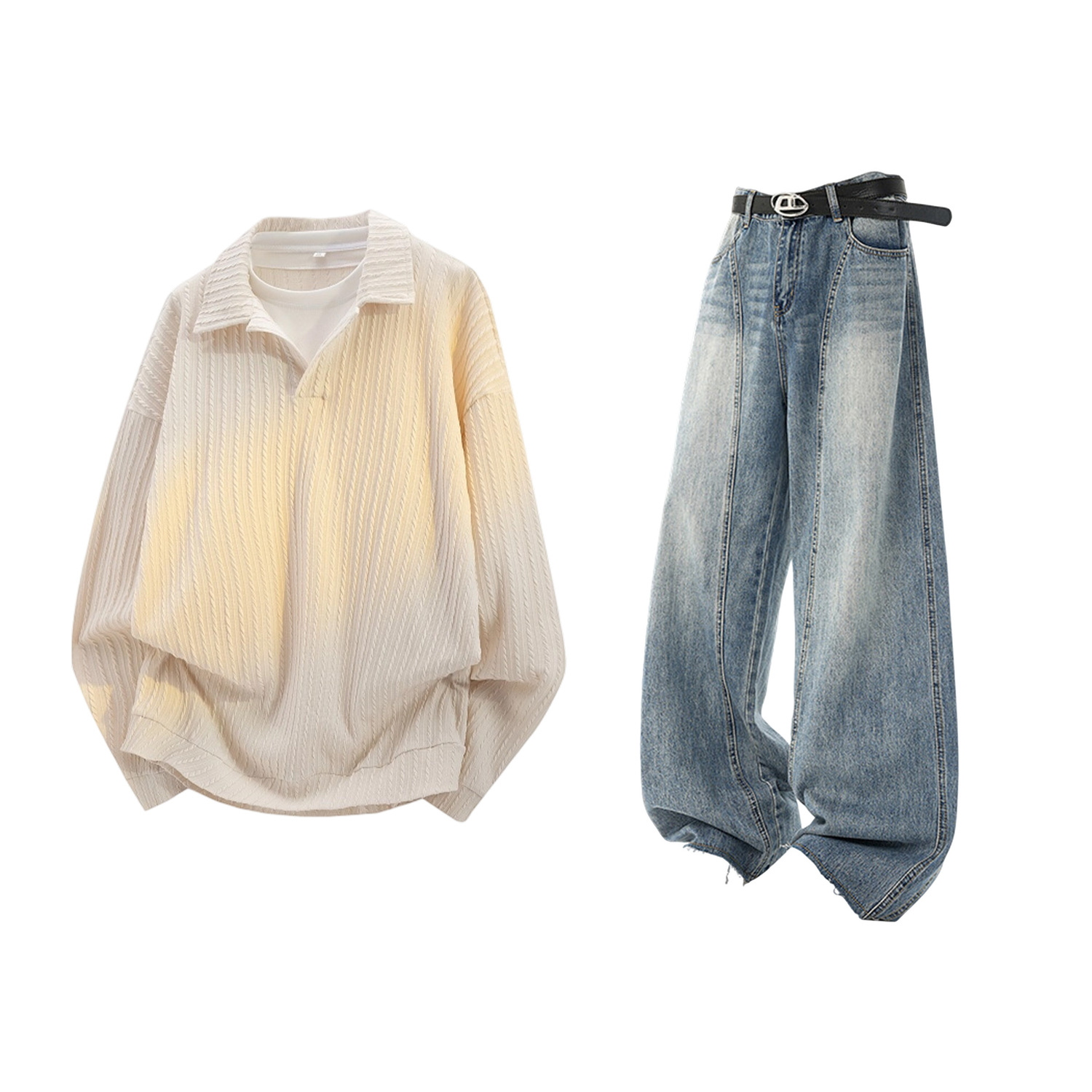 

Свитшот-сет Unisex Polo Collar Moderate X1617, оранжевый mock two-piece sweatshirt+vintage синий knife-edge jeans