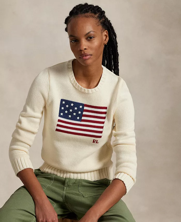 Женский хлопковый свитер с круглым вырезом Flag Polo Ralph Lauren, коричневый/бежевый — фото 3