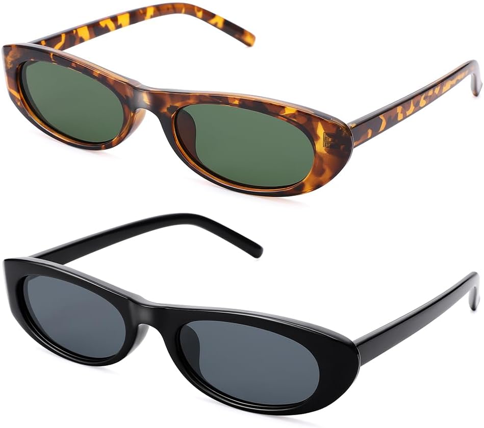 

Солнцезащитные очки SCVGVER овальной формы для женщин и мужчин, узкие солнцезащитные очки в стиле 90-х, миниатюрные ретро-очки, защита от УФ-излучения UV400, Tortoiseshell Frame - Green Lens + Black Frame - Gray Lens