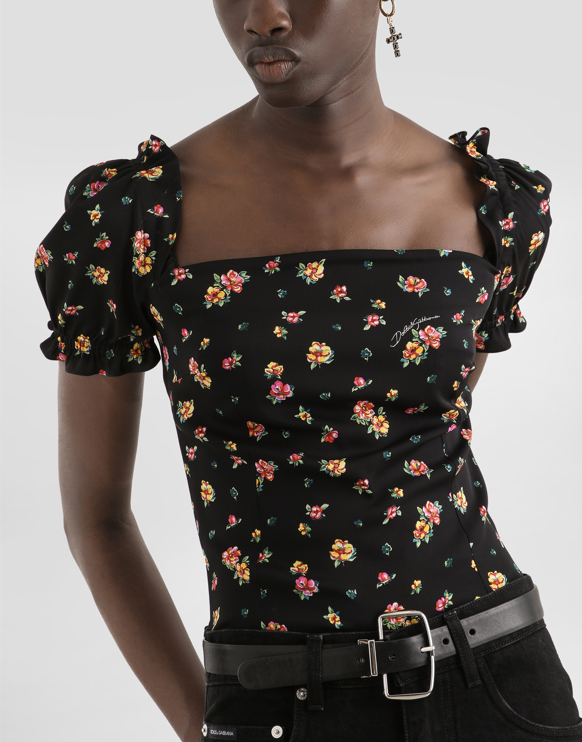 Топ из шармеза с мелким цветочным принтом DOLCE & GABBANA, мультиколор — фото 4