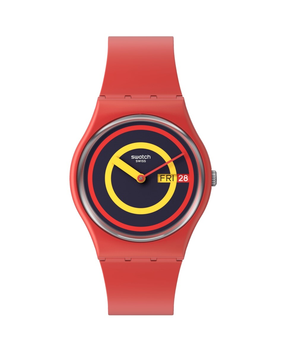 

Концентрические красные часы с разноцветным циферблатом Swatch, красный
