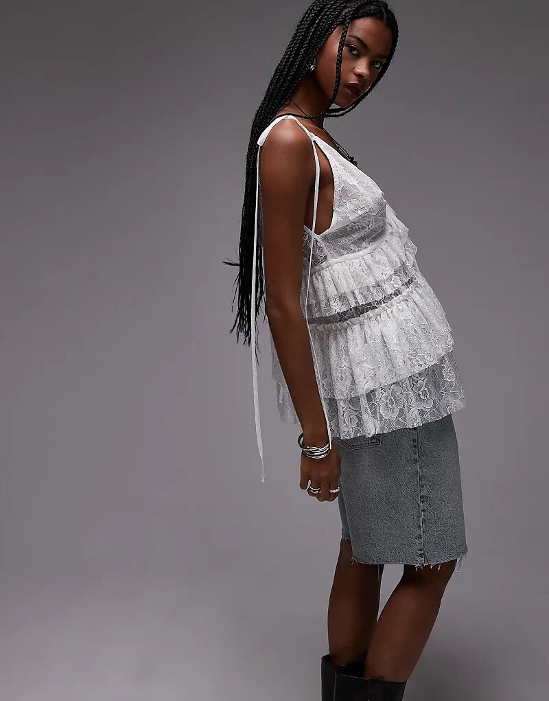 

Удлиненный топ цвета слоновой кости с кружевными оборками от ASOS DESIGN