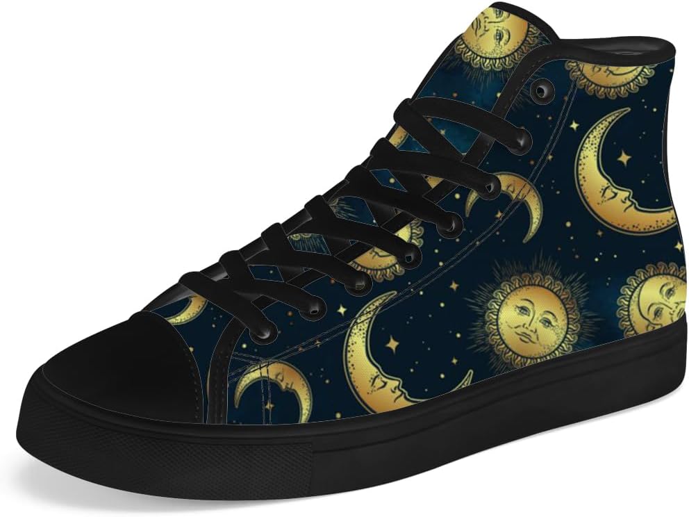 

Мужские и женские высокие кеды с солнцем и луной на холщовой основе, высокие кроссовки на шнуровке, повседневная обувь Chebing, синий/желтый