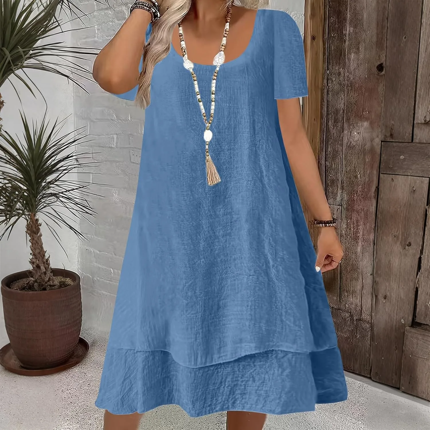 Платье Casual T Shirt Sun Dress Plus Size свободного кроя для пляжа и отпуска с многослойным подолом Generic, синий — фото 3