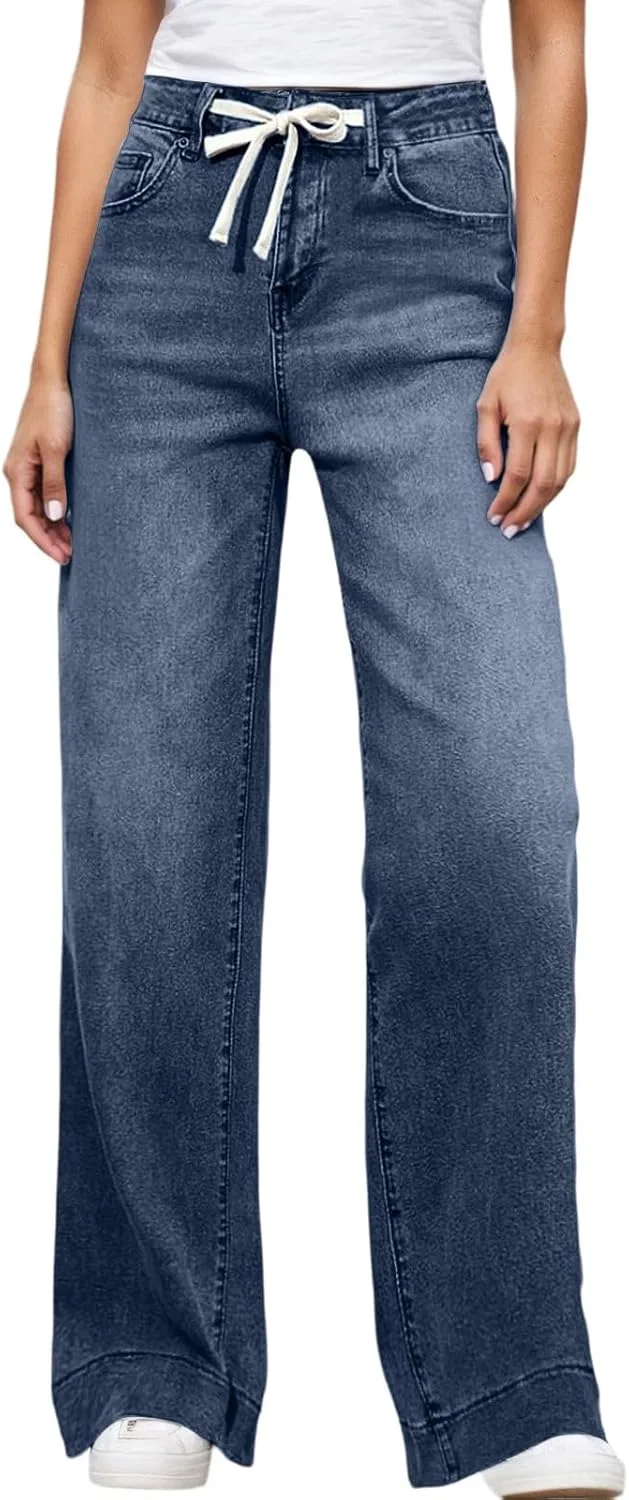 Джинсы свободные, Navy, Women's Wide Leg Jeans
