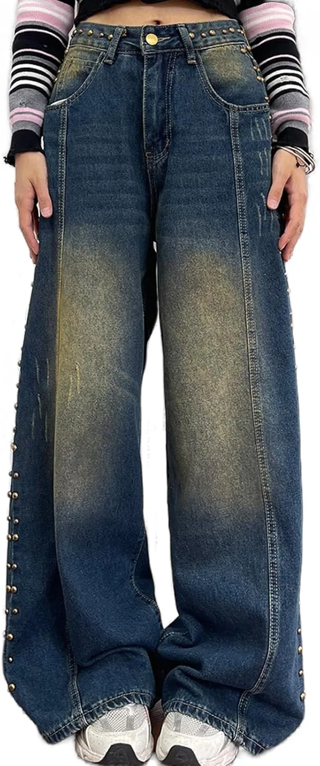 

Женские джинсы Wide Leg Y2K с потертостями и заклепками по бокам High Waist Baggy LJJINGXS