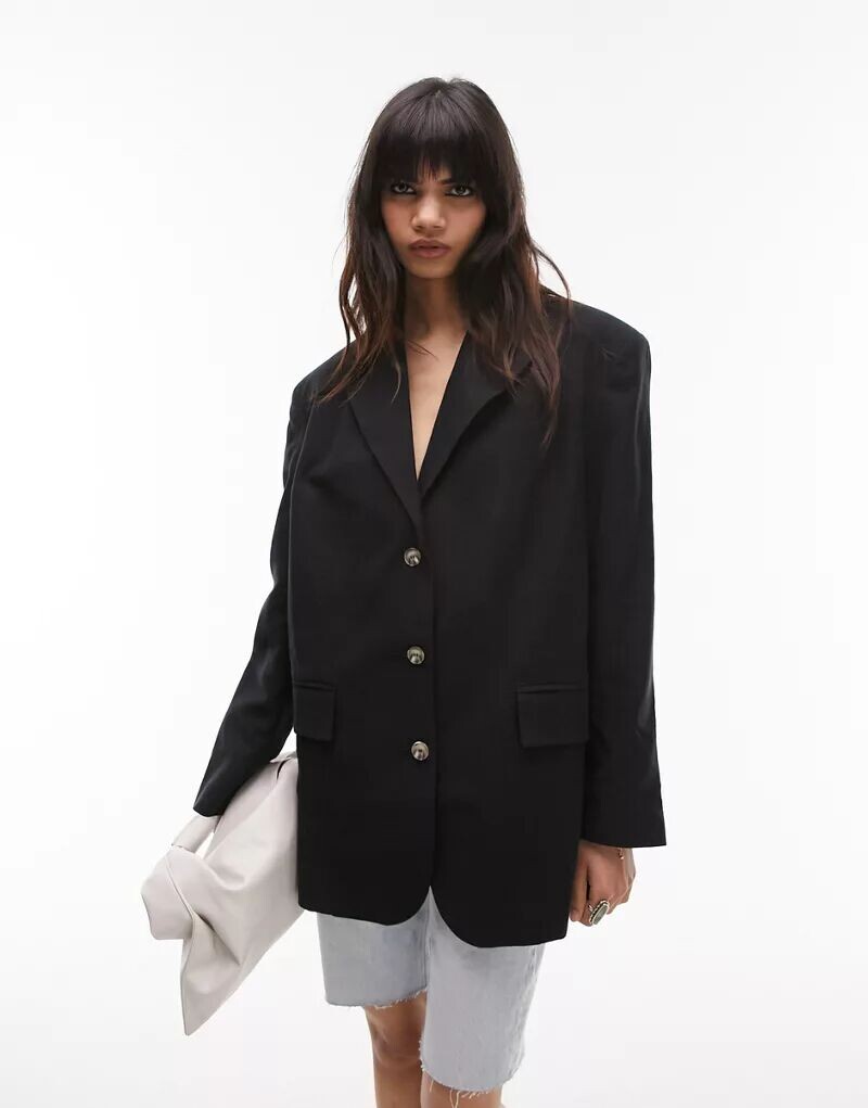 

Черный однобортный пиджак из смесового льна Topshop