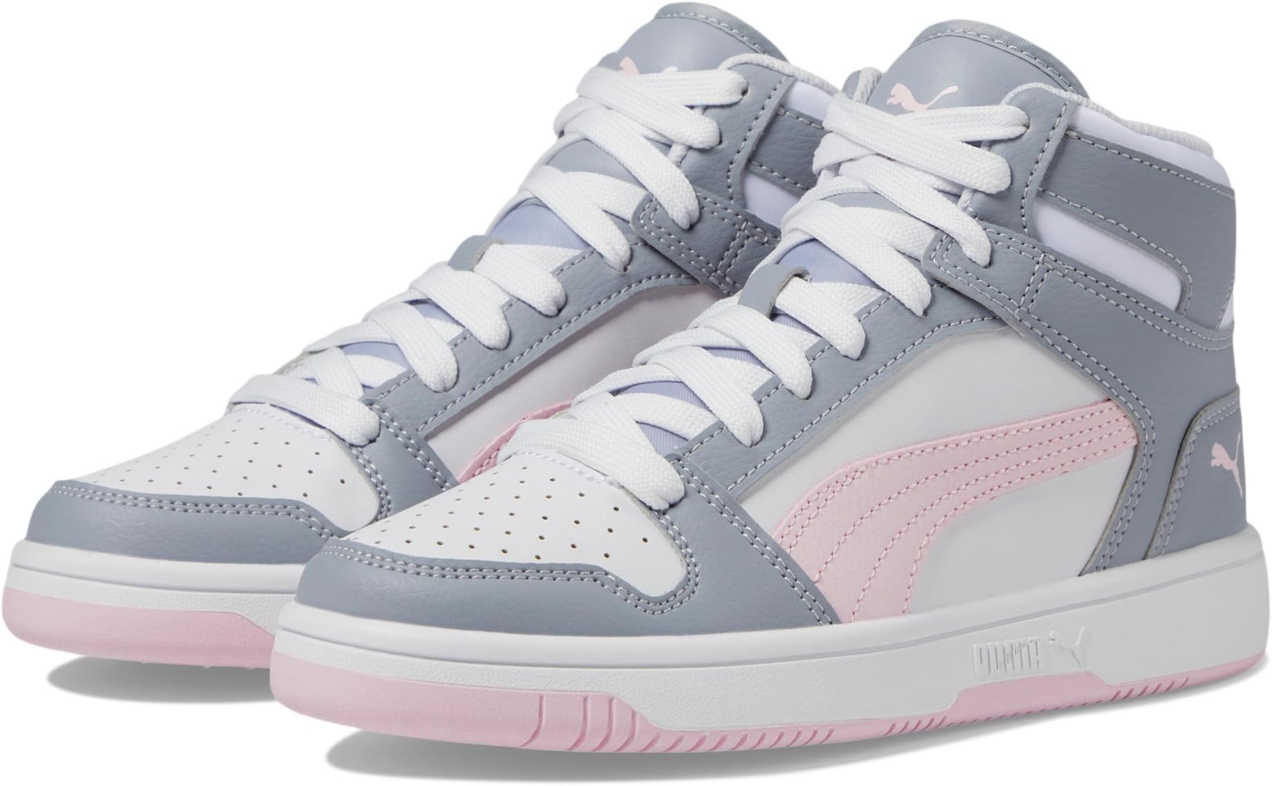 

Кроссовки PUMA Kids Rebound Layup Synthetic Leather, цвет PUMA White/Gray Fog/Whisp Of Pink