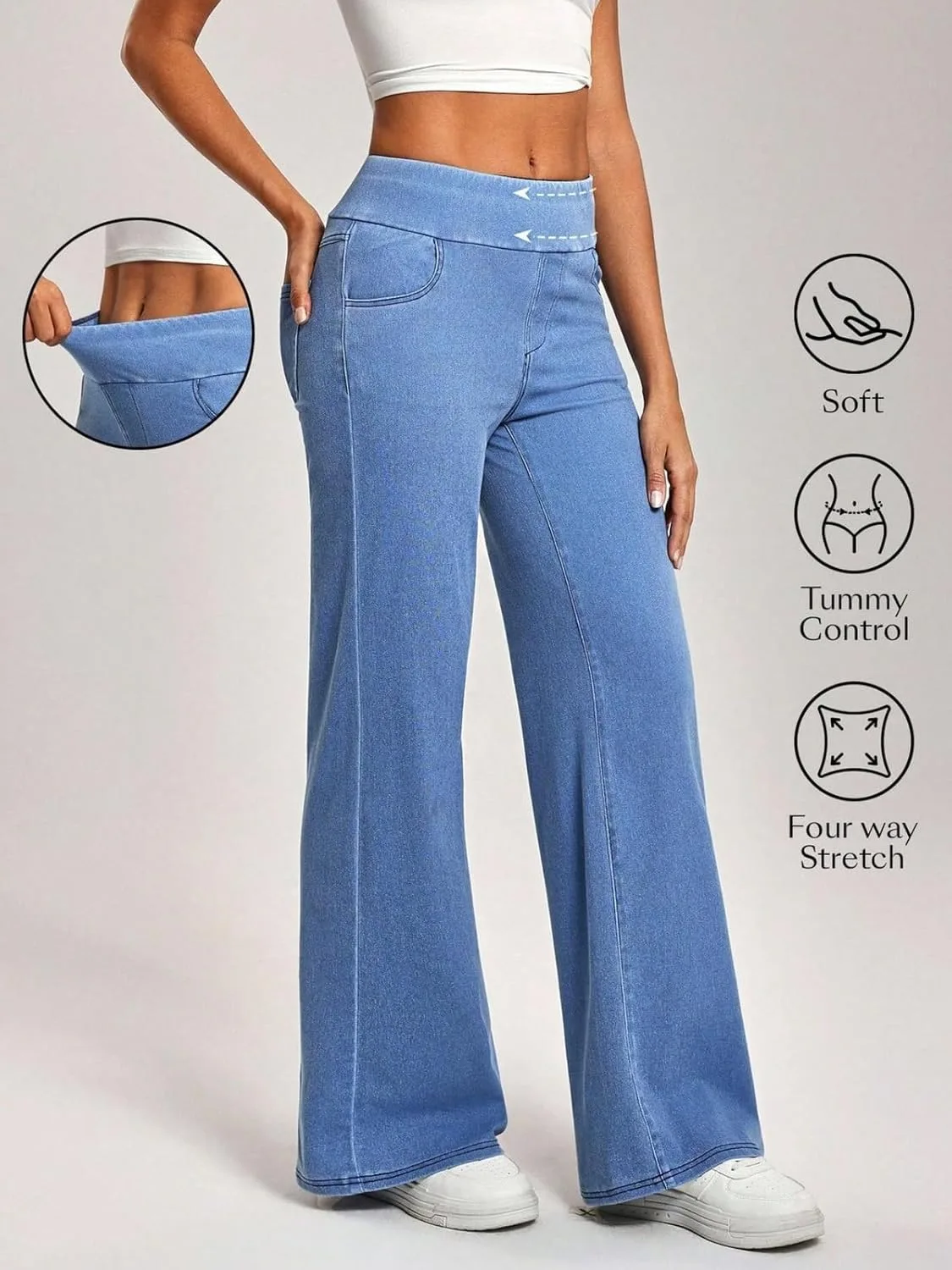 Женские джинсы Stretch Pull On Wide Leg — высокие, прямые и свободные с карманами — фото 3