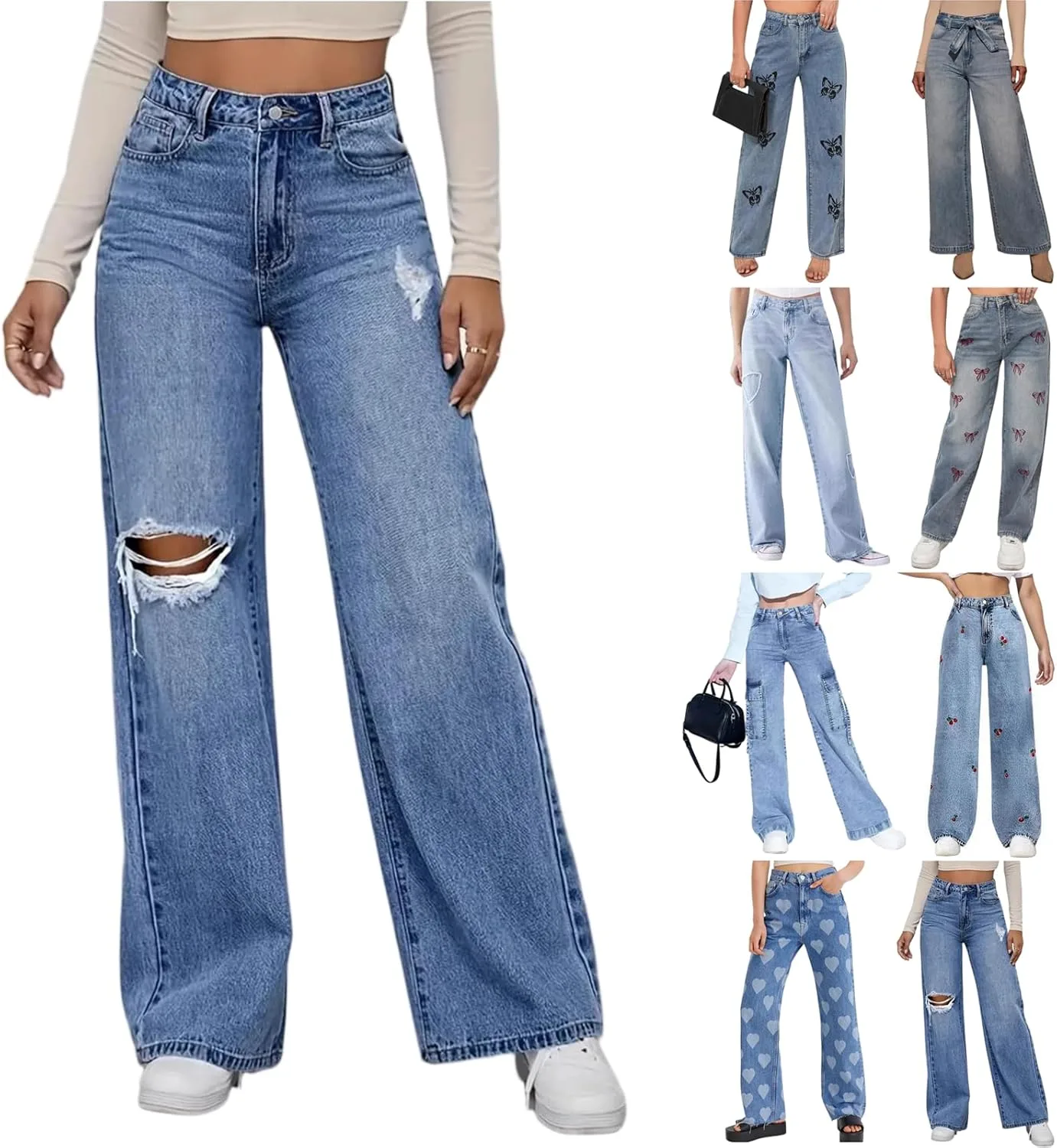 

Женские джинсы с высокой талией и прямыми широкими штанинами