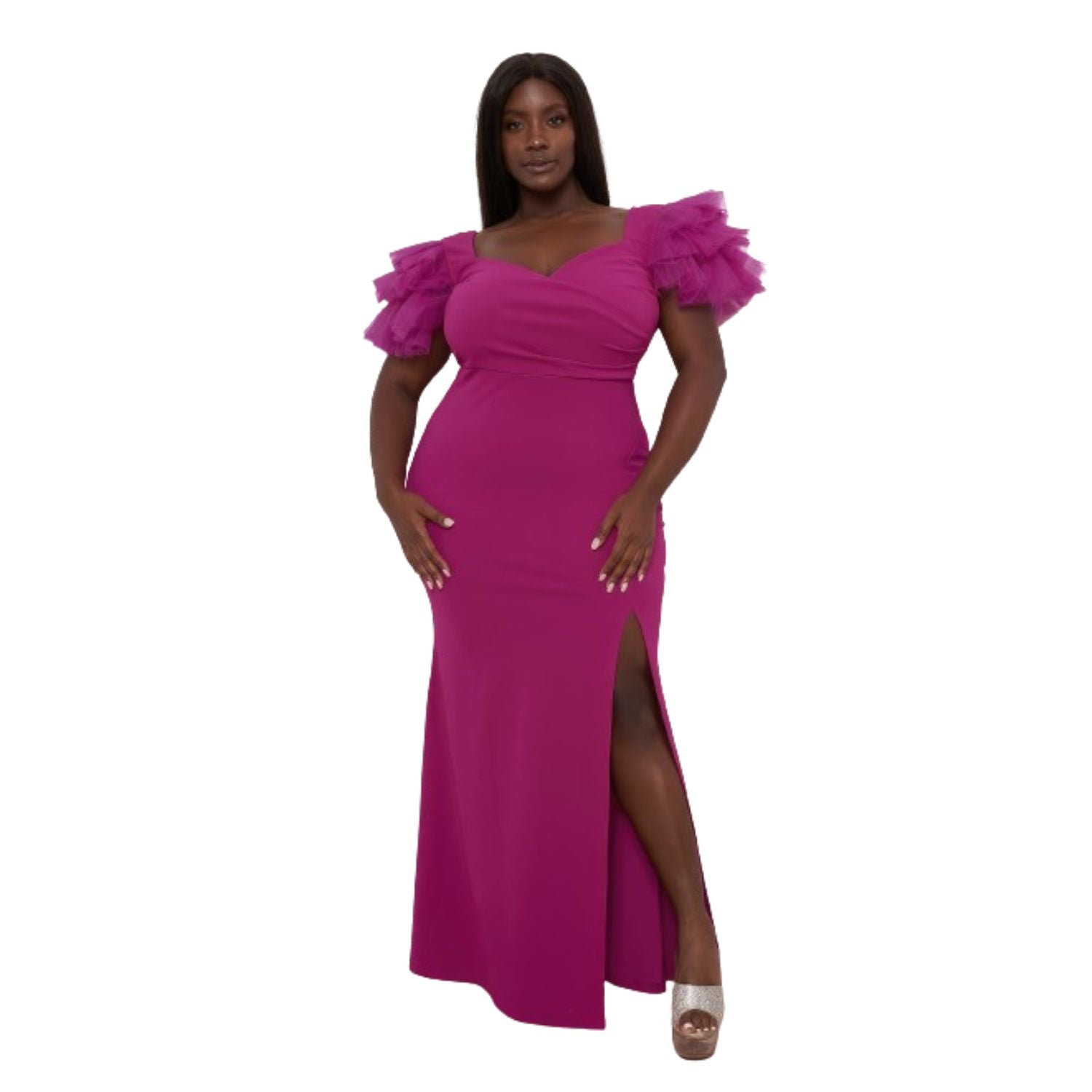 

Платье макси с сетчатым тюлем и плечами больших размеров FASHNZFAB, цвет hot magenta