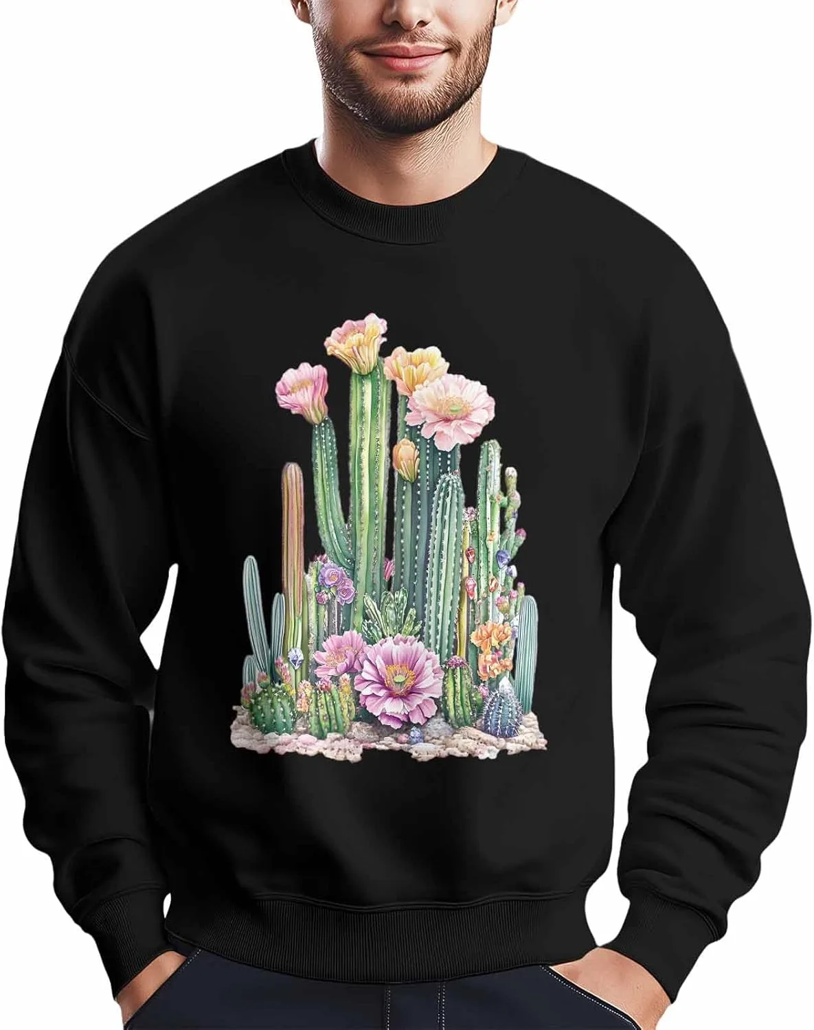 

Мужской свитшот с мексиканским тропическим кактусом и цветами, Crewneck, Long Sleeve Winvebermior