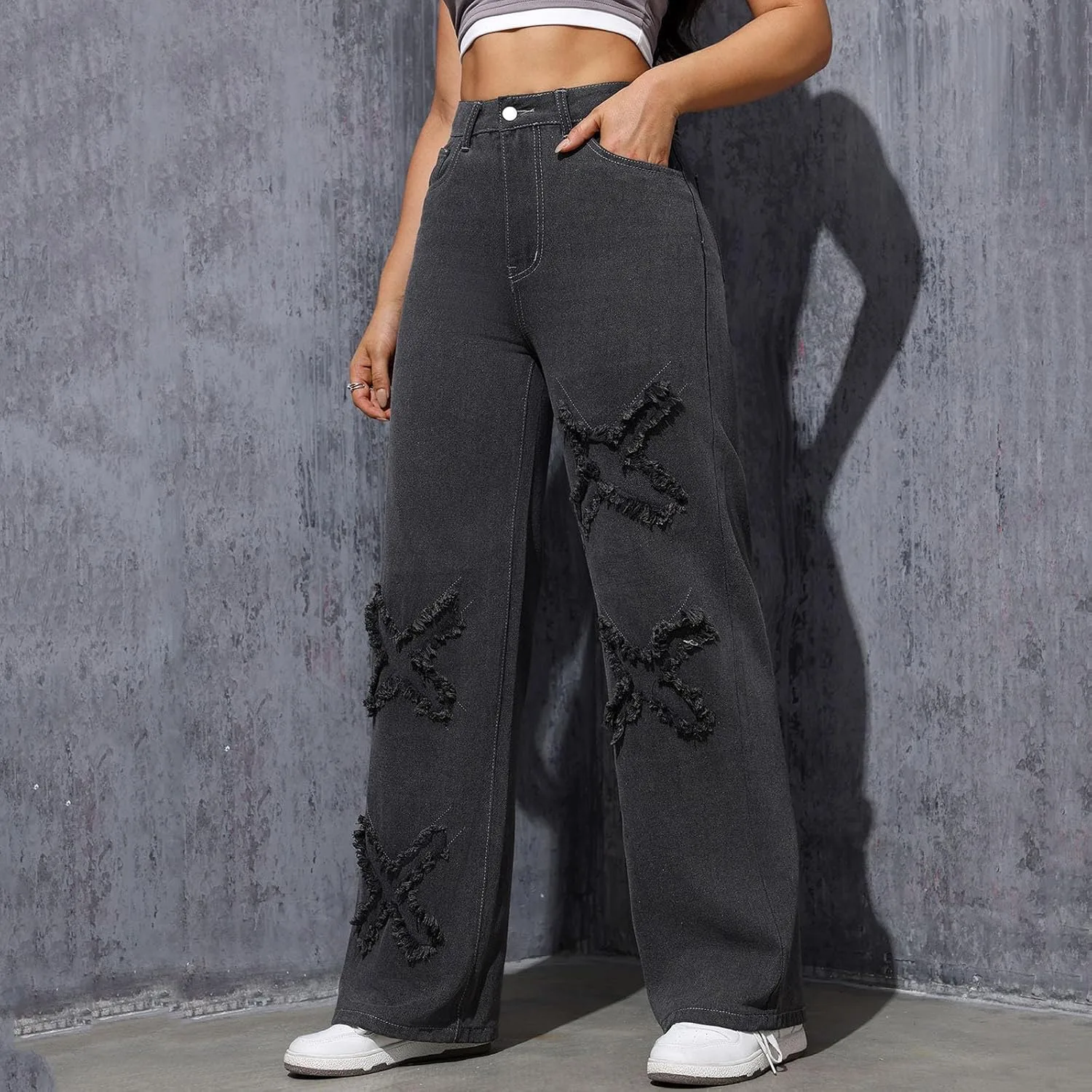 Джинсы для женщин High Waisted Stretchy Wide Leg с 3D вышивкой — фото 2