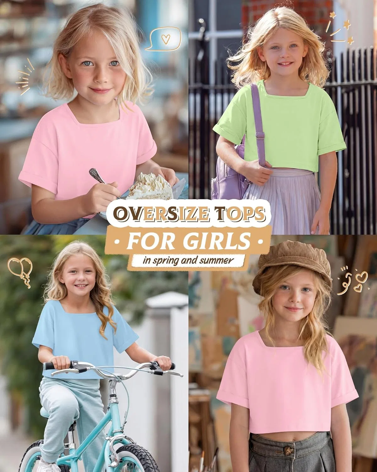 Комплект из 3 детских топов оверсайз с квадратным вырезом, LessonZoo, Light Pink, Light Green, Sky Blue — фото 2