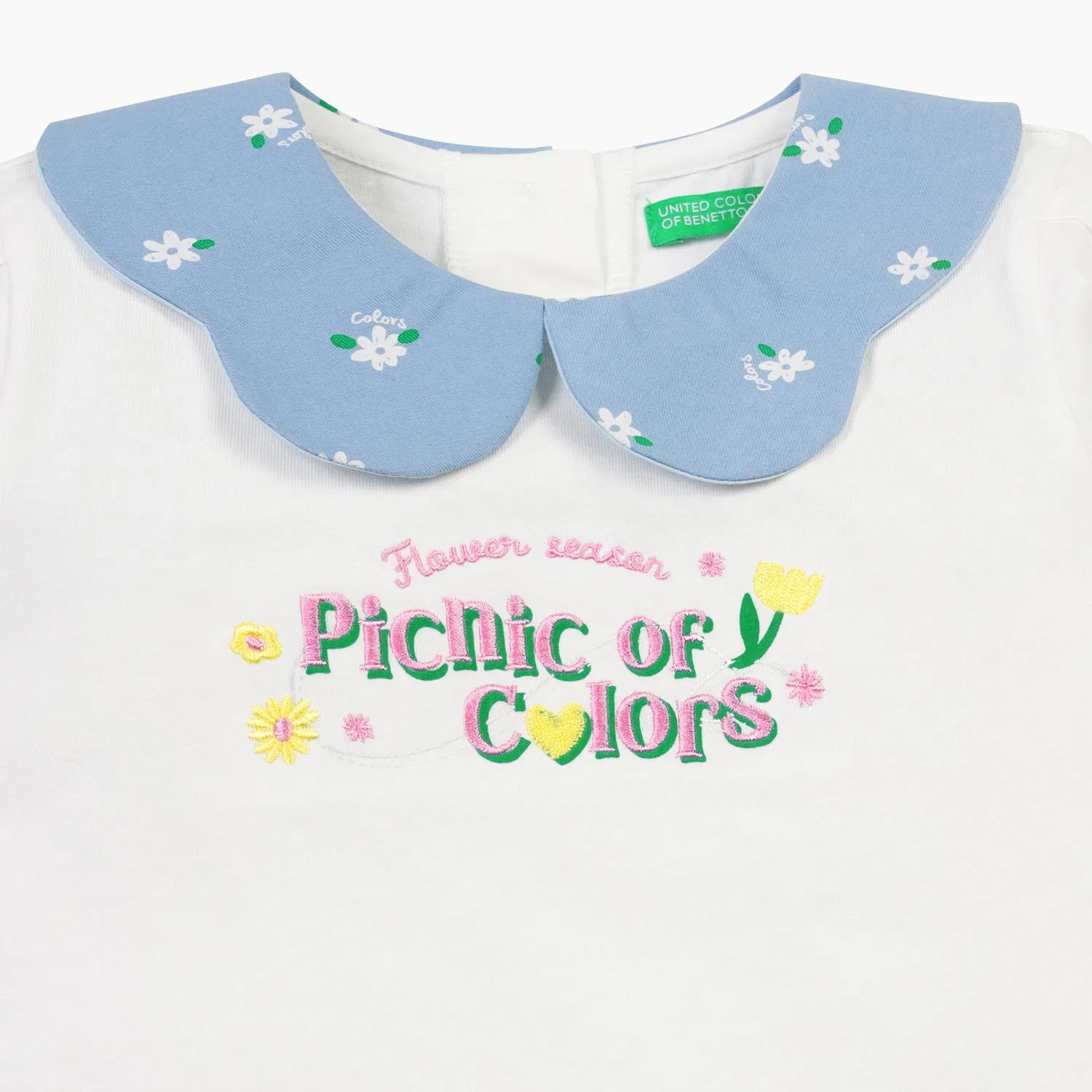 Детская футболка-поло с цветочным принтом айвори от Benetton Kids — фото 3