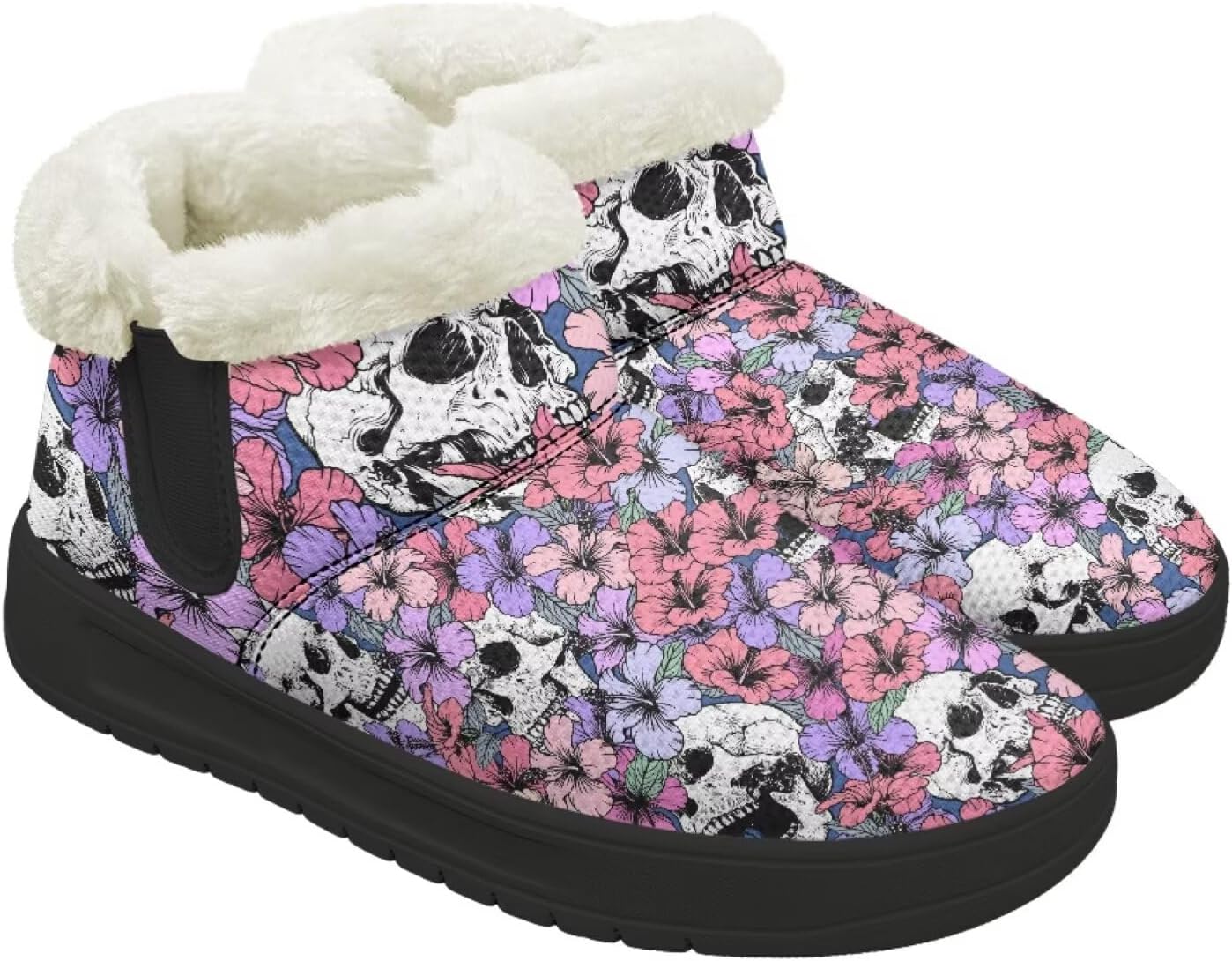 

Ботинки Forchrinse для женщин и мужчин, зимние теплые с меховой подкладкой, удобные пушистые ботинки с противоскользящей подошвой, Skull Hawaiian Hibiscus