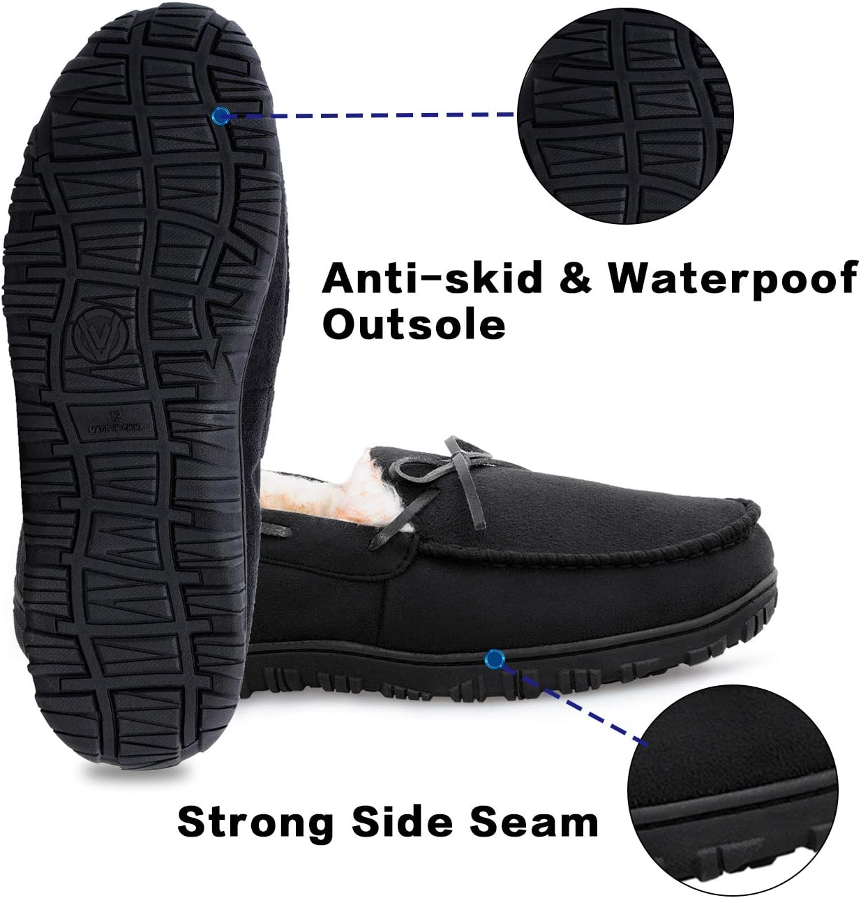 Мужские мокасины Harebell с теплой и уютной стелькой из memory foam, жесткой подошвой для дома и улицы, черный — фото 4