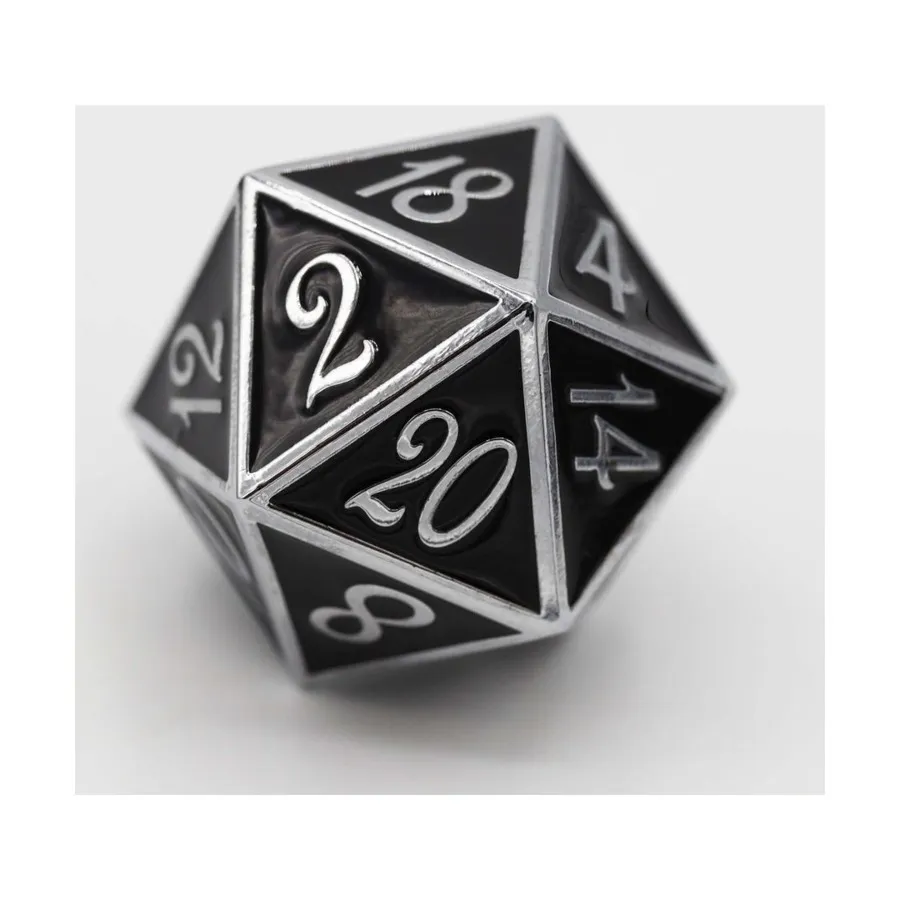

35мм d20 - Оникс с серебром, Dice - 35mm, 45mm, & 55mm (Foam Brain Games)