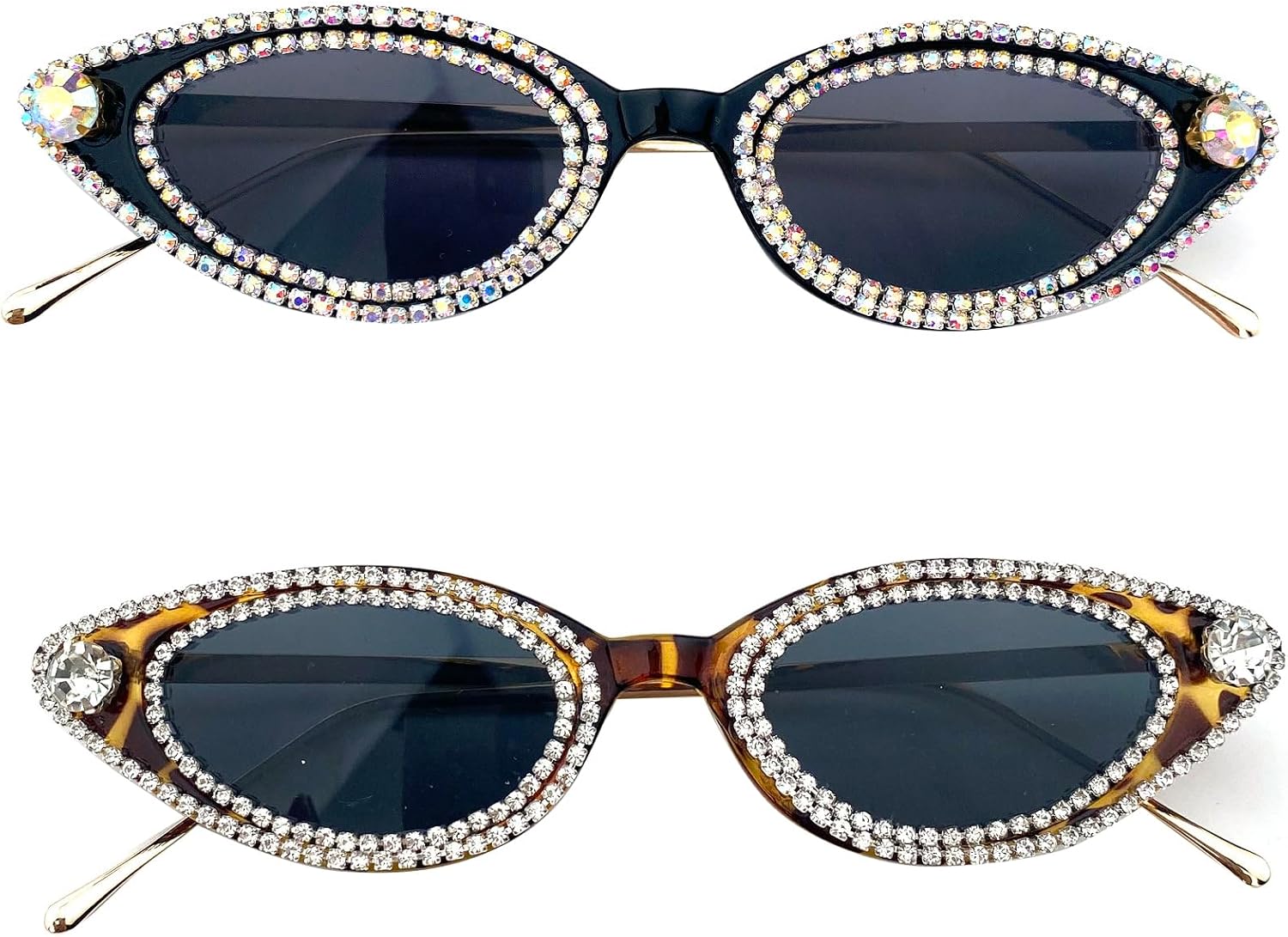 

Роскошные маленькие солнцезащитные очки «кошачий глаз» со стразами для женщин, модные, с бриллиантовым блеском, для вечеринок, хрустальные, с защитой от УФ-излучения UV400 mincl, 2pcs-black&leopard