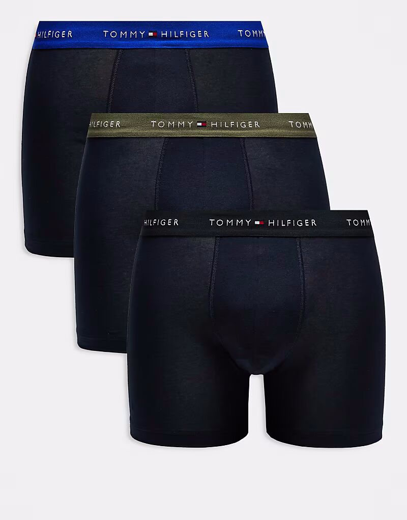 

Фирменные хлопковые трусы-боксеры Tommy Hilfiger Essentials, комплект из 3 пар, черного цвета с поясом синего/черного/хаки